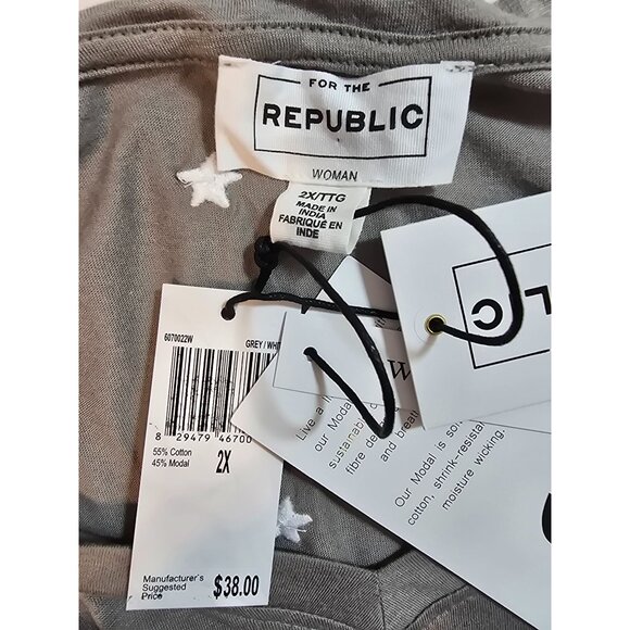 For The Republic Grey Star Print V-Neck Short Sleeve Top Size 2X Cotton/Modal Bl - Picture 3 of 14